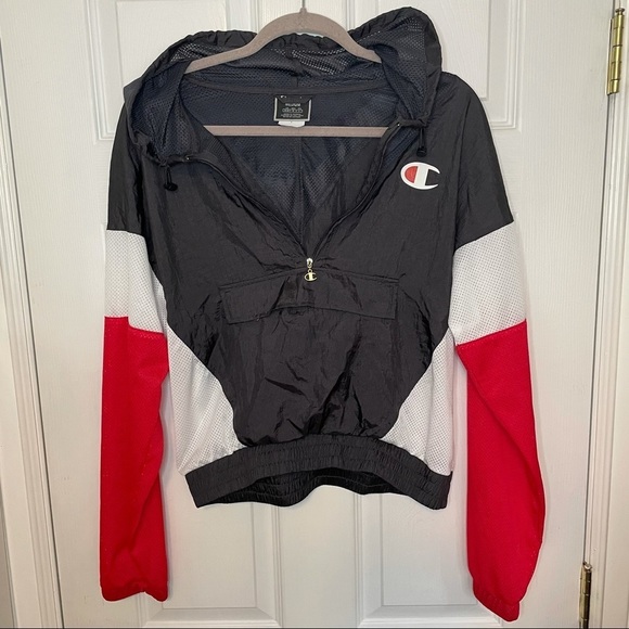 Champion Jackets & Blazers - 𝅺CHAMPION Y2K Colourblock Hooded 3/4 Zip Sports Jacket Medium